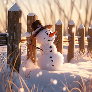 在篱笆旁可爱的卡通小雪人图片