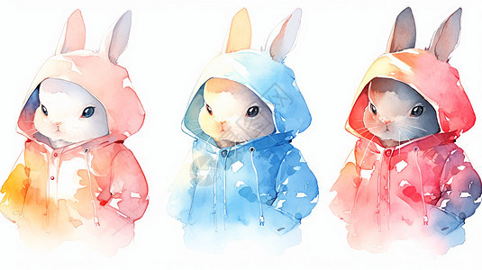 穿彩色漂亮卡套衣服的拟人化卡通小兔子们图片