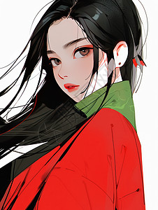 红色时尚背景穿红色外套的黑色长发卡通年轻女孩插画