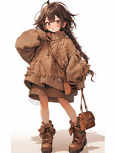 拎着包穿棕色毛衣的可爱卡通女孩图片