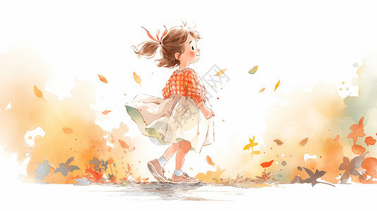 秋天在户外散步的可爱卡通小女孩图片