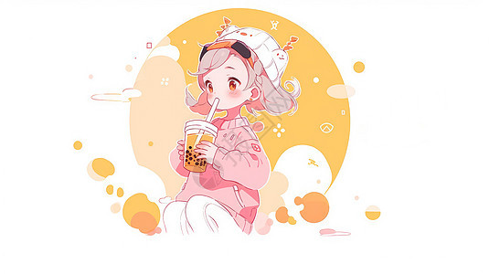 穿粉色毛衣喝奶茶的可爱卡通小女孩图片