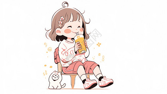 坐在小板凳上喝橙汁开心笑的卡通小女孩图片