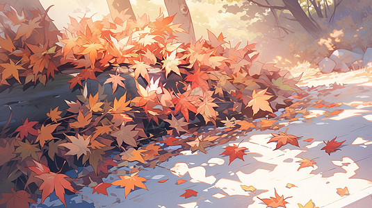 落叶满地秋天满地落叶的森林卡通小路插画