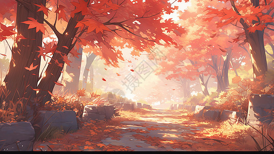 橙色风景唯美橙色卡通森林中满满的落叶插画