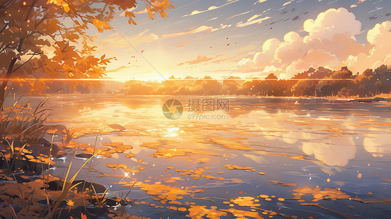 秋天傍晚金黄色的卡通唯美夕阳图片
