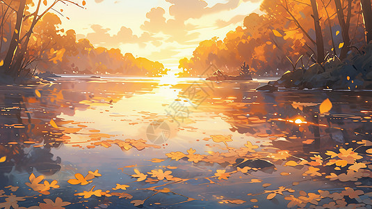 秋天金黄色的唯美的卡通湖泊风景图片
