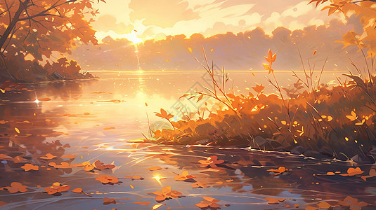 秋天唯美金黄色的卡通夕阳风景与落叶图片