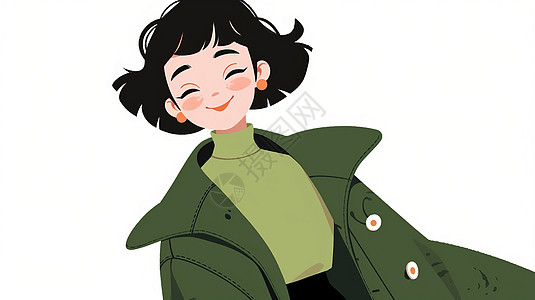 穿浅绿色毛衣微笑的可爱卡通女孩图片