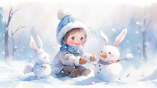 戴白色毛线帽在雪地中堆的可爱卡通小朋友图片