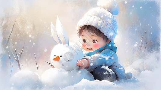 戴着蓝色帽子在大雪中堆的可爱卡通小朋友图片