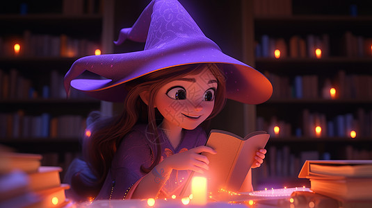 戴紫色帽子开心看书的可爱卡通小女巫图片