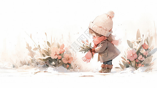 冬天戴着粉色围巾拿着花朵的课啊卡通女孩图片
