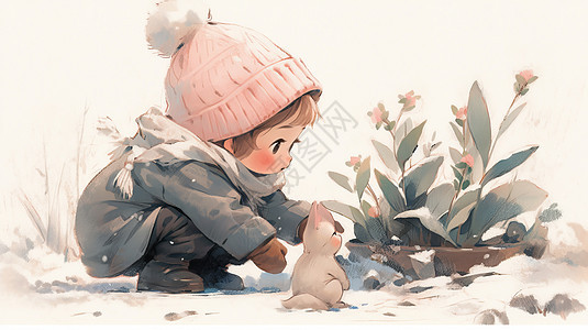 冬天戴着粉色帽子的可爱卡通小女孩与宠物一起看花朵图片
