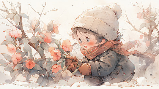 冬天早雪地里寻找花朵的课啊卡通女孩图片