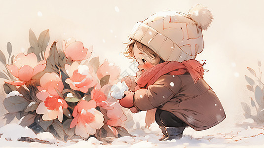 大雪中围着红色围巾开心看着花朵的可爱卡通女孩图片
