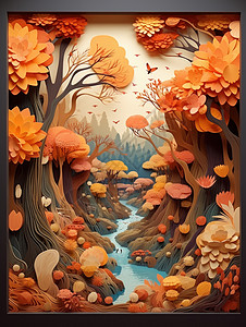 小溪两旁各高大的树木立体卡通风景装饰画图片