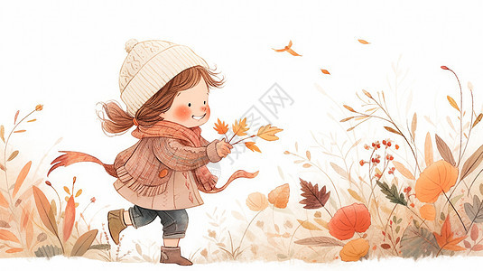 秋天手拿树叶在草丛中奔跑的可爱卡通女孩图片