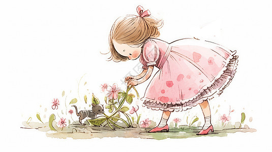 穿粉色长裙弯腰采花的可爱卡通小女孩图片