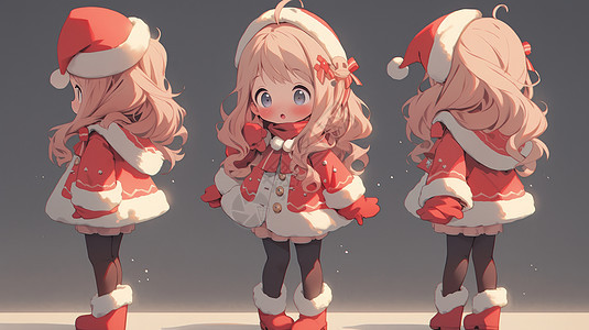 穿着喜庆的圣诞服装大眼睛可爱的卡通女孩三视图图片