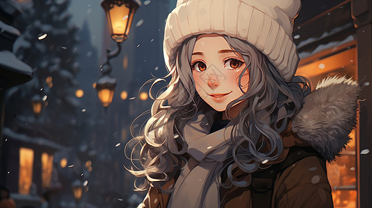 冬天戴毛线帽的的长发卡通女孩图片