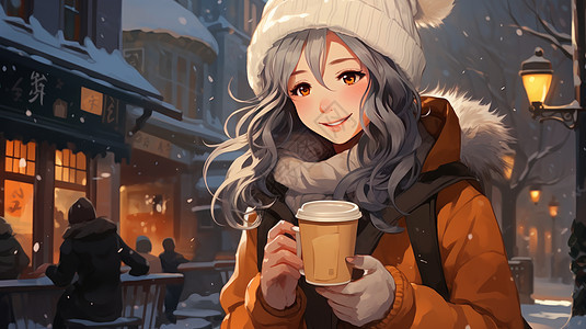 冬天在户外开心喝热饮的可爱卡通小女孩图片