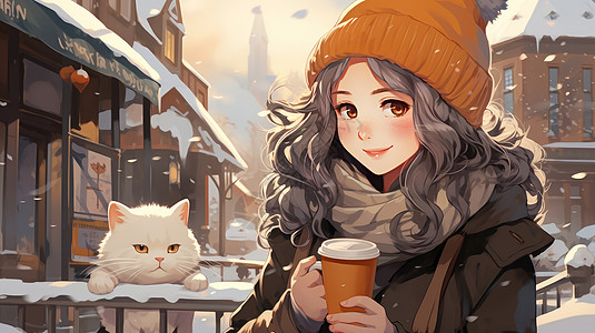大雪中端着热饮微笑的可爱卡通长发女孩与宠物猫背景图片