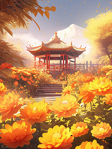 秋天盛开的黄色菊花与卡通古建筑背景图片