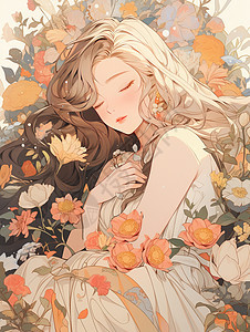 躺在花丛中睡觉的长发卡通女人图片