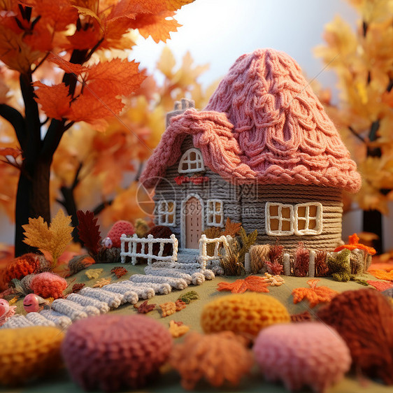 粉色屋顶毛线编织可爱的小房子图片