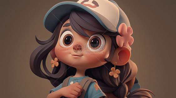 戴着棒球帽大眼睛可爱的立体卡通女孩图片