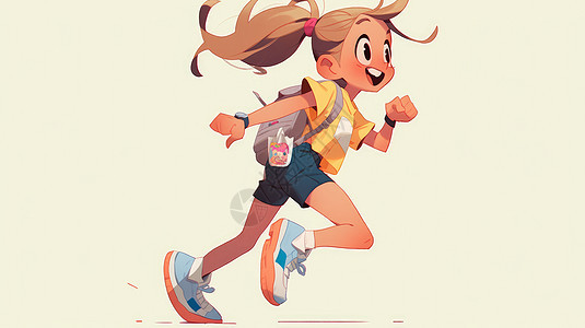 背着包开心奔跑的可爱卡通小女孩图片