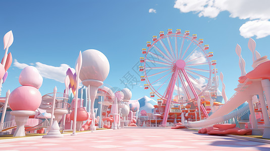 蓝天白云下粉色立体卡通游乐场摩天轮图片