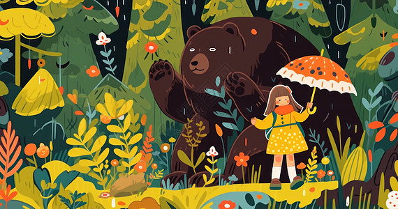 在森林中憨憨的卡通大熊与可爱的卡通小女孩图片