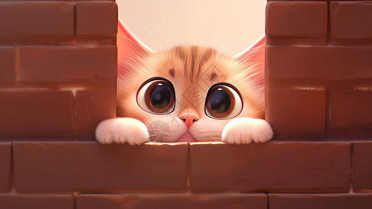 躲在墙缝隙的可爱大眼睛卡通小猫图片