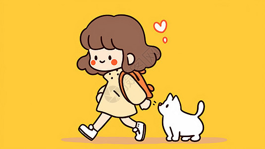 背着书包放学回家的可爱卡通女孩与宠物狗图片