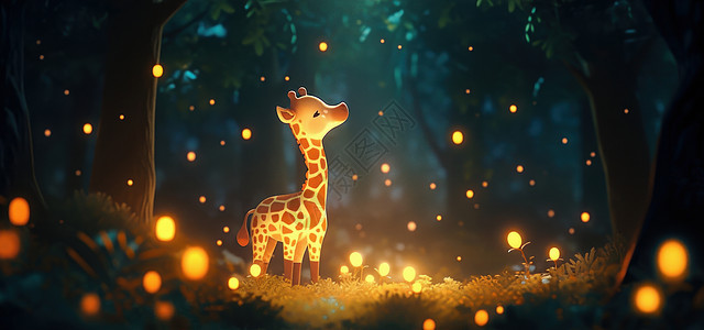 梦幻发光的森林中一个小小的卡通长颈鹿图片