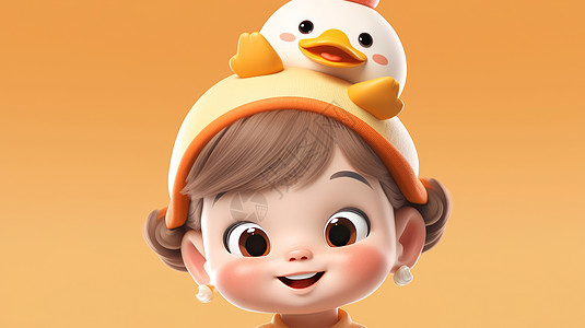 头顶着小鸭帽子微笑的可爱卡通小女孩图片