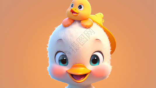 毛茸茸可爱的卡通小鸭子头上顶着黄色卡通橡皮鸭背景图片
