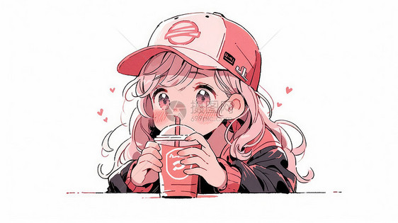 戴着粉色棒球帽长发可爱的卡通女孩在喝奶茶图片