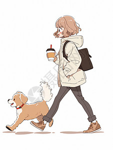 手端着热饮与宠物狗一起上班走路的卡通女孩高清图片