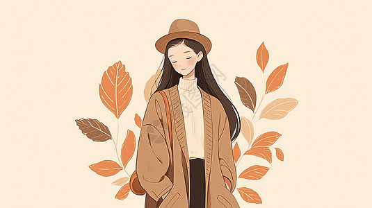 秋天穿咖色毛衣时尚的卡通女孩背景图片