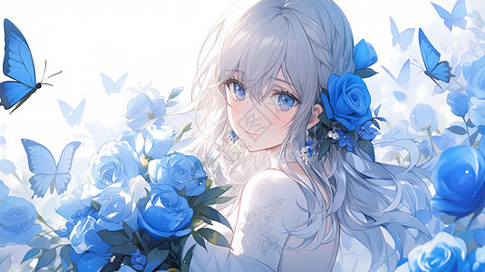 头戴蓝玫瑰花朵的长发卡通女孩图片