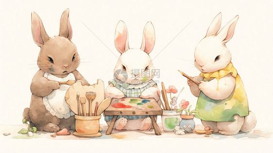 三只可爱的卡通兔子在画画图片