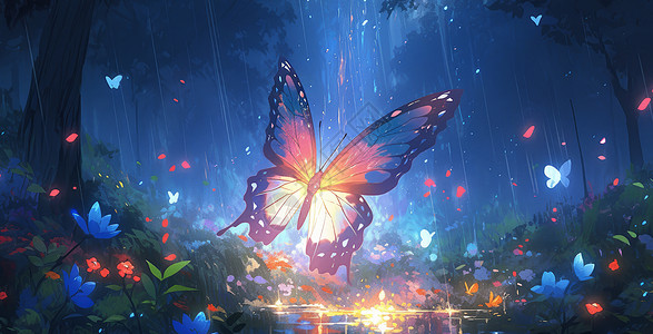 梦幻森林中一只发光的蝴蝶图片