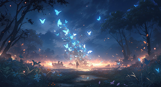 夜晚森林深处很多发光的蓝色小蝴蝶图片