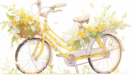 自行车复古黄色卡通自行车带着花朵插画