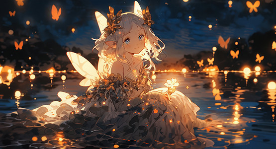 夜晚在河中的发光蝴蝶精灵卡通女孩图片
