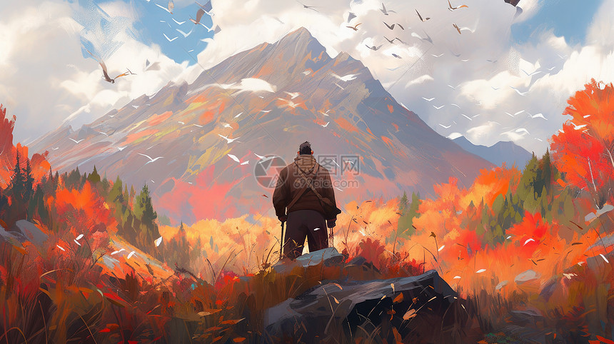 秋天在山中看着远处大山的卡通男人背影图片