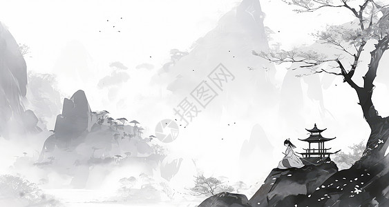 水墨山水风景坐在树下的武侠卡通人物背景图片